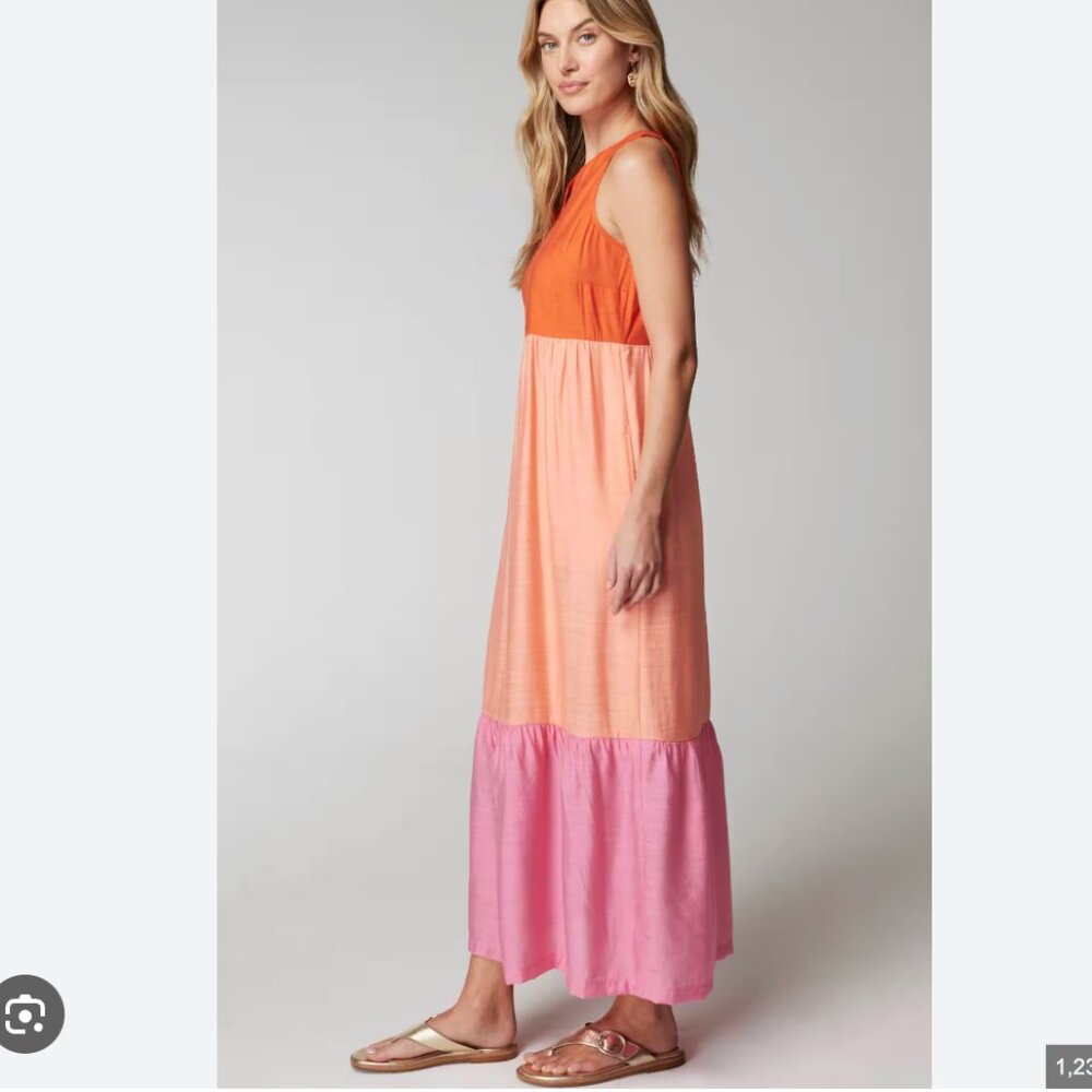 J. Jill ColorBlock Tiered Midi Dress Size M Orange Peach Pink Sleeveless Pockets